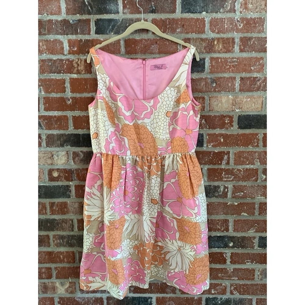 Nwt ELIZA J Pink Cream Floral Linen Blend Fit Flare Belted Dress 14